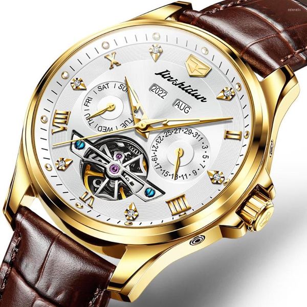 Relojes de pulsera de primeras marcas, reloj automático original para hombres, esqueleto, Tourbillon, resistente al agua, fecha del día, correa de cuero luminosa, juego de regalo