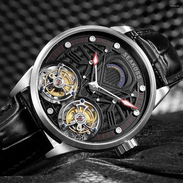 Relojes de pulsera de la mejor marca SEAKOSS, doble Tourbillon, reloj esqueleto para hombres, movimiento de cuerda manual, reloj luminoso mecánico de zafiro