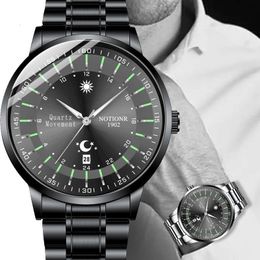 Relojes de pulsera Top Fashion Mens Water Ghost Watch Round Sun Moon Night Glow Pointer Dial Pure Tungsten Steel Band Morning 230905