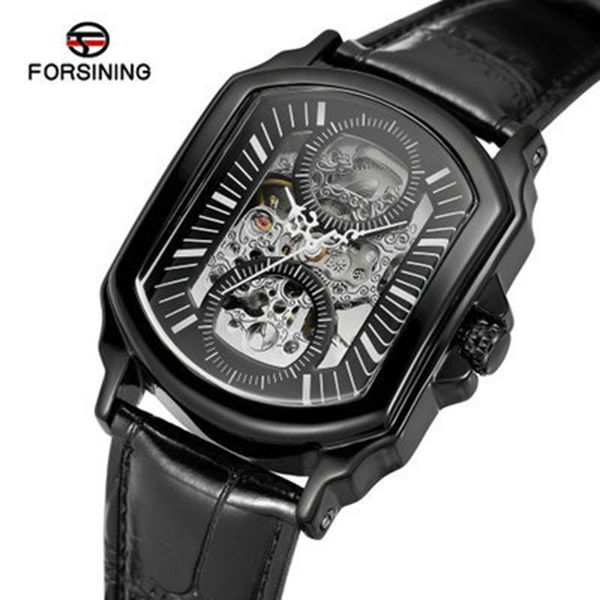 Relojes de pulsera Top Hollow Out Automático Mecánico Hombres Reloj de pulsera cuadrado Banda de cuero genuino Diseño de movimiento de engranaje Regalo