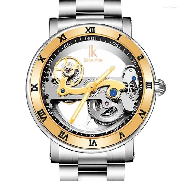 Relojes de pulsera Top IK Coloring Relojes para hombres Automático Mecánico 50M Impermeable Doble Esqueleto Transparente Relojes Masculinos 98399