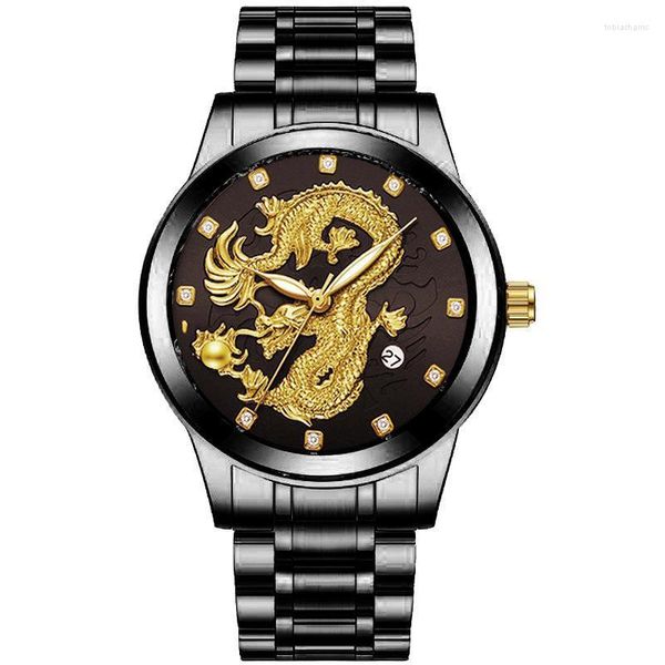 Relojes de pulsera Top Men Reloj de cuarzo Estilo chino clásico En relieve Golden Dragon Steel Band Business Drop