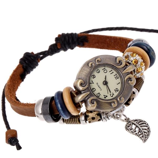 Relojes de pulsera Top Vintage Pulsera de cuero genuino Reloj Mujer Leaf Charm Retro Reloj de pulsera Roman Slip Band