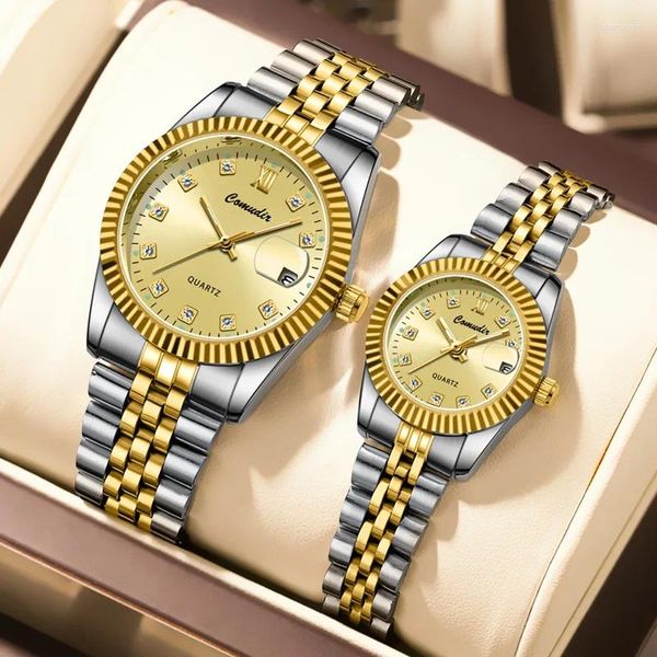 Relojes de pulsera Relojes superiores para hombres Mujeres Calendario luminoso Reloj de pulsera de cuarzo analógico de metal dorado Reloj de negocios impermeable para hombre