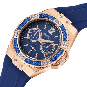 Montre-bracelets Top Women's Watchs Chronograph Rose Gold Sport Watch Ladies Diamond Blue Rubber Band xfcs Analog Female Quartz Wristwatch 2024