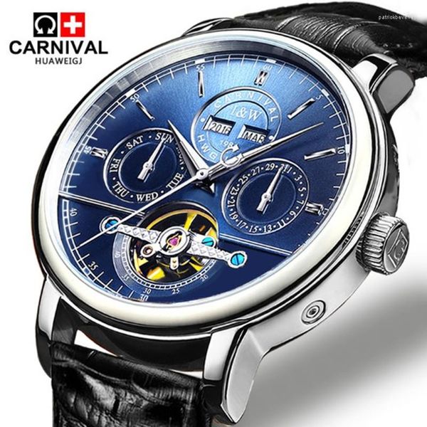 Relojes de pulsera Tourbillon Relojes para hombre Suiza Carnaval Impermeable Reloj mecánico automático Correa de cuero Montre Homme