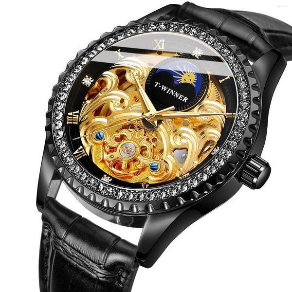 Relojes de pulsera Tourbillon Esqueleto Relojes mecánicos Moda Reloj de diamantes Banda de cuero negro Luminoso Relogio Masculino