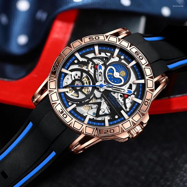 Relojes de pulsera Tourbillon Skeleton Watch Luxury Automatic Mens Relojes Moon Phase Mechanical para hombres Impermeable Montre Homme Original