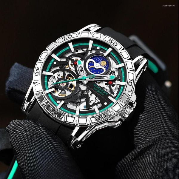 Relojes de pulsera Tourbillon Skeleton Watch, Relojes automáticos de lujo para Hombre, reloj de pulsera mecánico de fase lunar para Hombre, Relojes impermeables para Hombre 2023