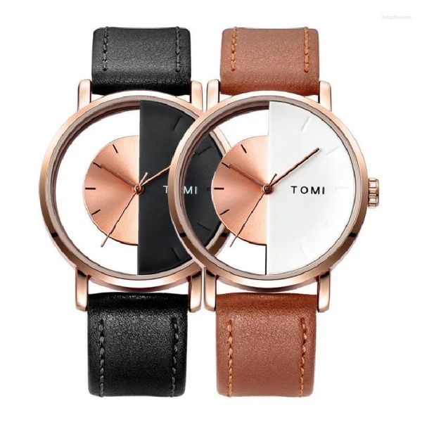 Montres-bracelets Transparent Unisexe Geek Unique Creative Demi-Montre Horloge Pour Hommes Femmes Couple Élégant Montres-Bracelets En Cuir Montre De Mode