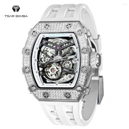 Montre-bracelets Tsar Bomba Diamond Automatic Mens Watch Luxury Mécanique pour les hommes Sapphire White-Wristwatch Squelette imperméable Squelette