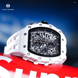 Montre-bracelets Tsar Bomba White Mens Watch Top Resin Wristwatch Tonneau imperméable pour hommes Chronograph Sport Male Clock