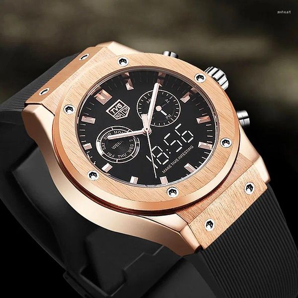 Relojes de pulsera TVG Top Brand Relojes deportivos Hombres de lujo Impermeable Dual Time Analógico Reloj de cuarzo digital Oro rosa Silicona para hombres