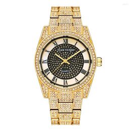 Polshorloges tys groothandel mannen vrouwen mode luxe sparky diamant 18k gouden horloge vol ijskwartsspols voor rome dial bling-ed