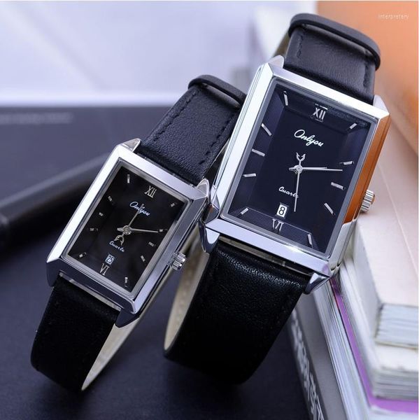 Montres-bracelets Ultra-mince Calendrier Ceinture Étanche Hommes Et Femmes Style Coréen Rectangulaire Lady Quartz Couple Montre Avec Ceinture En Cuir