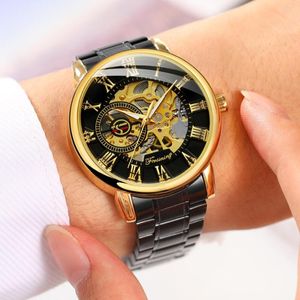 Polshorloges ultra dun skelet koninklijk retro ontwerp zwarte stalen band gouden beweging mannen mechanische mannelijke pols horloges top