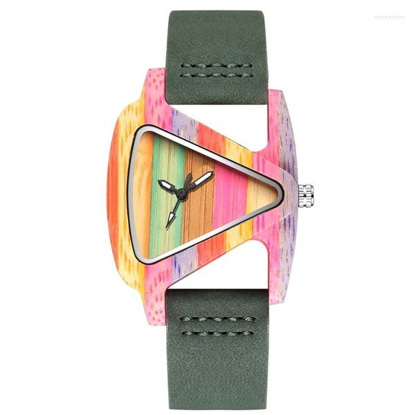 Relojes de pulsera Reloj de madera colorido único Creativo Triángulo Forma Dial Reloj de hora Mujeres Cuarzo Pulsera de cuero Muñeca de mujer