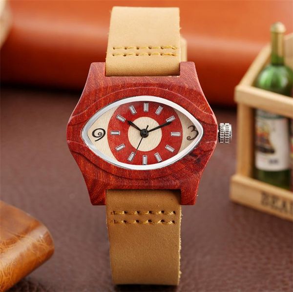 Relojes de pulsera con forma de ojo única, caja de reloj de madera roja, movimiento de cuarzo para mujer, reloj de pulsera de cuero genuino para mujer, elegante madera Natural