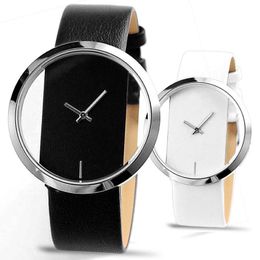 Montre-bracelets uniques de style simple transparent transparent quartz watch groupe de cuir femme noir blanc bracelet relogio féminino 262c