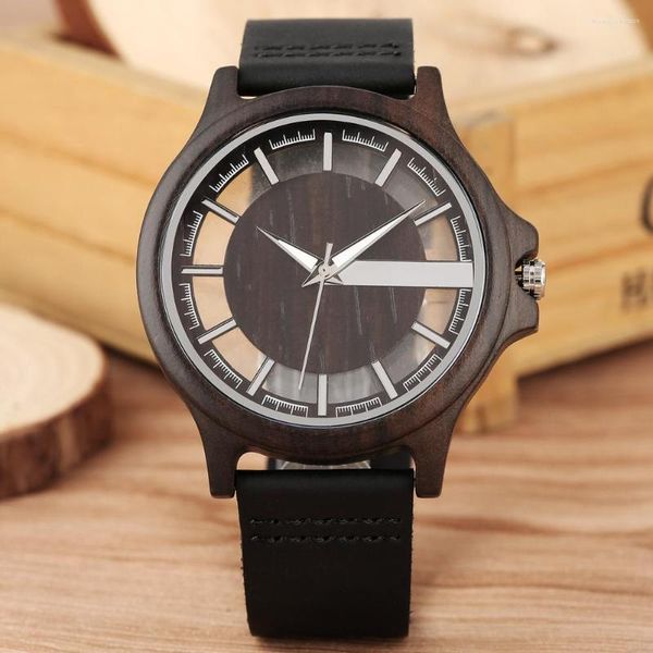 Relojes de pulsera únicos transparentes con esfera hueca, relojes Retro de madera, reloj de cuarzo para hombre, reloj de pulsera de cuero, regalos de madera para hombre