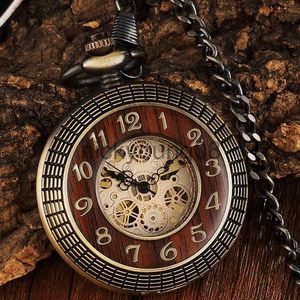 Horloges Unieke Houten Cirkel Gear Dial Bronzen Antieke Mechanische Pocket Mannen Vintage Gegraveerde Fob Hand Wind Steampunk Vrouwen 0703