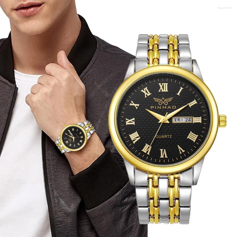 Relógios de pulso uthai relógio masculino duplo calendário luz luxo moda quartzo relógios negócios aço inoxidável grande dial à prova dwaterproof água relógio masculino