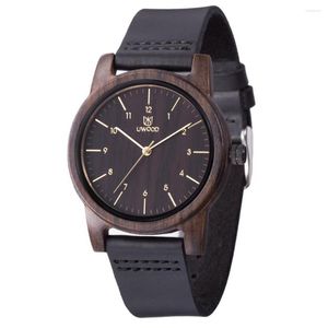 Polshorloges Uwood Wood Men Vintage Minimalistisch lederen band Bracelet Watches voor mannelijk Quartz Watch Paper Box -pakket