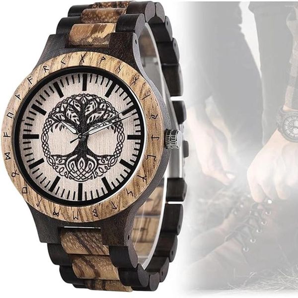 Montre-bracelets Viking Mens Wooden Watches Yggdrasil Tree of Life Tattoo Watch Face Retro Rune Rune's Men's Forge Box