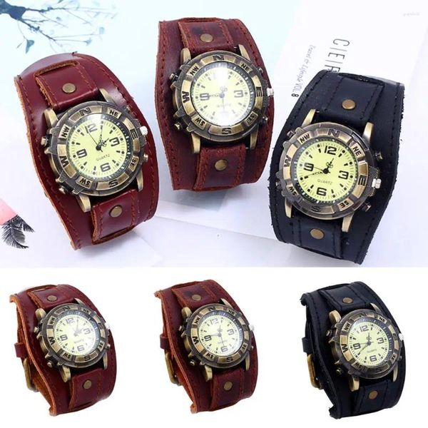 Relojes de pulsera Reloj de pulsera de cuarzo de cuero sintético vintage Punk Dial redondo Reloj de pulsera Pulsera para hombres Banda ancha Negocios