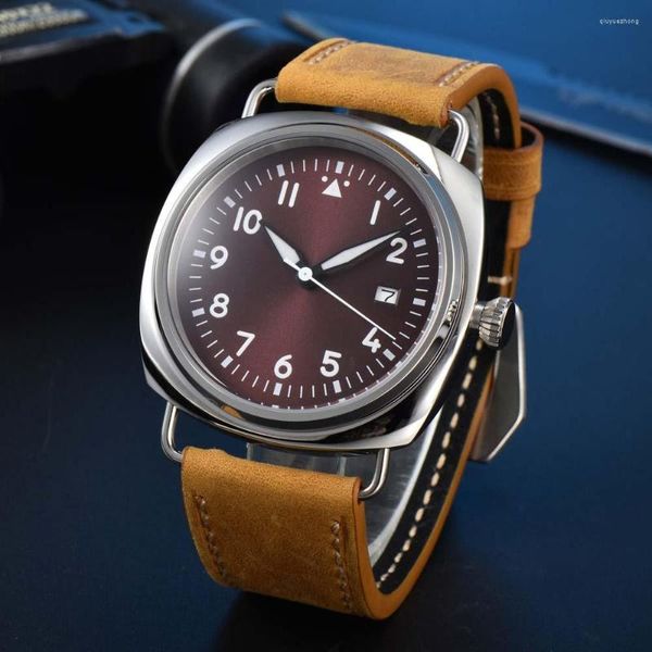 Relojes de pulsera Reloj para hombre vintage 45 mm Caja pulida de acero inoxidable Correa de cuero NH35A Movimiento automático Fondo transparente
