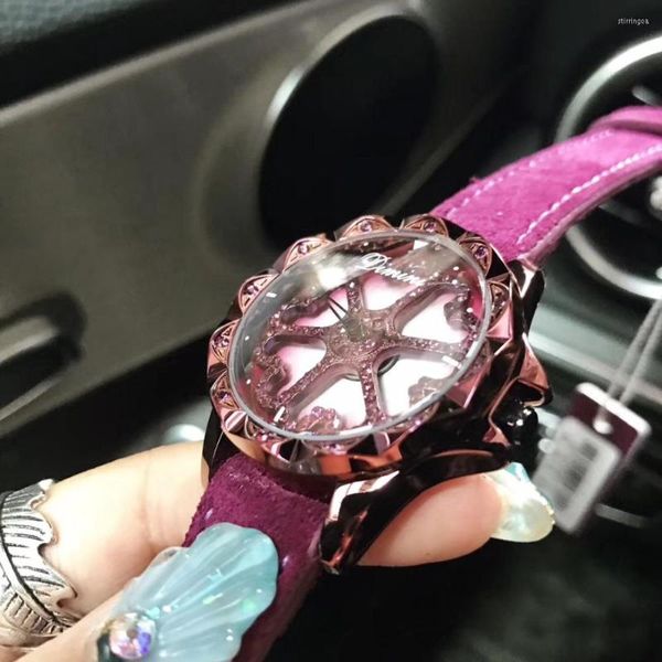 Armbanduhren Vintage Noble Lila Uhren Damen Wasserdicht Echtpelz Lederarmband Armbanduhr VIEL GLÜCK Spinning Crystal Montre Femme