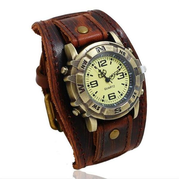 Muñecos de pulsera Vintage retro Big ancho de cuero genuino reloj Men punk de cuarzo brazalete brazalete Relogio masculino283b