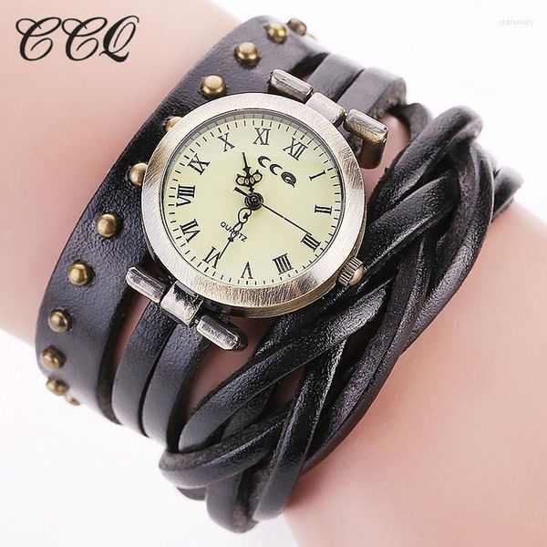 Relojes de pulsera Vintage Retro Remache trenzado Pulsera de cuero genuino Relojes de lujo CCQ Mujeres Relojes de pulsera de cuarzo Relogio FemininoRelojes de pulsera