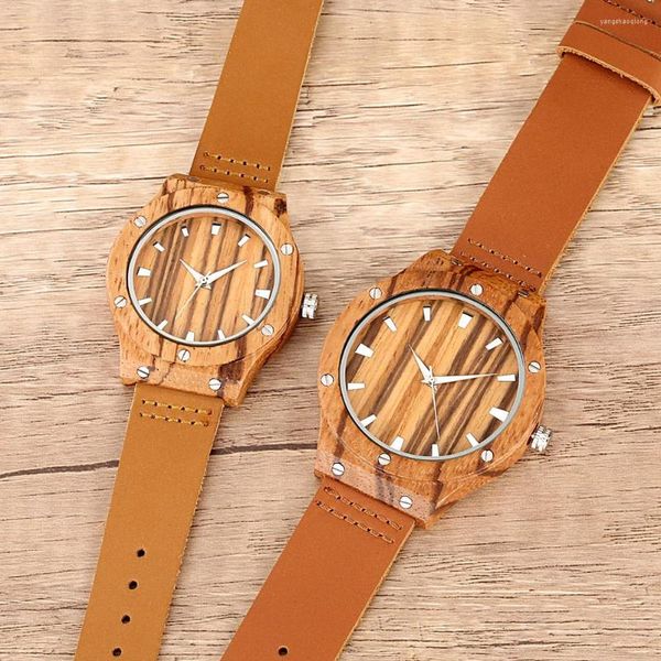 Montre-bracelets vintage ￩l￩gant en quartz de z￨bre ￩l￩gant montre pour couple brun authentine cuir groupe cadran minimaliste hommes femmes wristwatch reloj