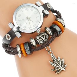 Montres-bracelets montre Vintage femmes robe Quartz feuille pendentif Bracelet en cuir véritable montre-Bracelet légaliser