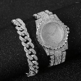 Montres-bracelets Montre Bracelet Pour Femmes Chaîne Cubaine Charme Glacé Horloge Hommes Diamant Mode Luxe Or Montre-Bracelet Bijoux Ensemble Relojes