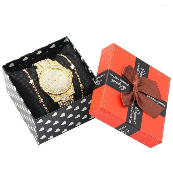 Relojes de pulsera Conjunto de pulsera de reloj para mujer Cuarzo con incrustaciones de diamantes Dorado Abierto Brazalete de oro rosa Caja exquisita