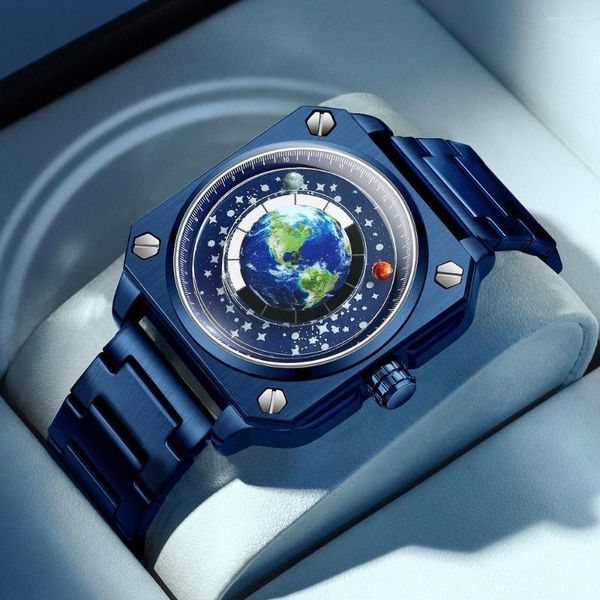 Montres-bracelets montre terre homme montre-bracelet à Quartz Reloj planète bleue mains non mécaniques personnalisé trou de ver créatif