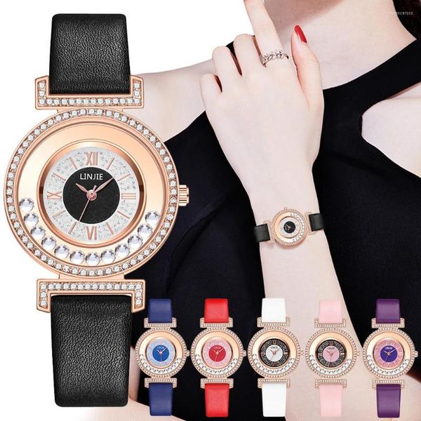 Relojes de pulsera Reloj Estuche de cuero LINJIE Esfera de cuentas de moda Cinturón de malla de acero inoxidable Regalo de cuarzo para mujer