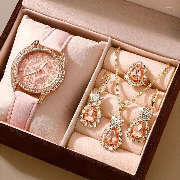 Montre-bracelets Watch Set Femmes Luxury Pink Cuir Analog Dames Quartz Bracet de bracele