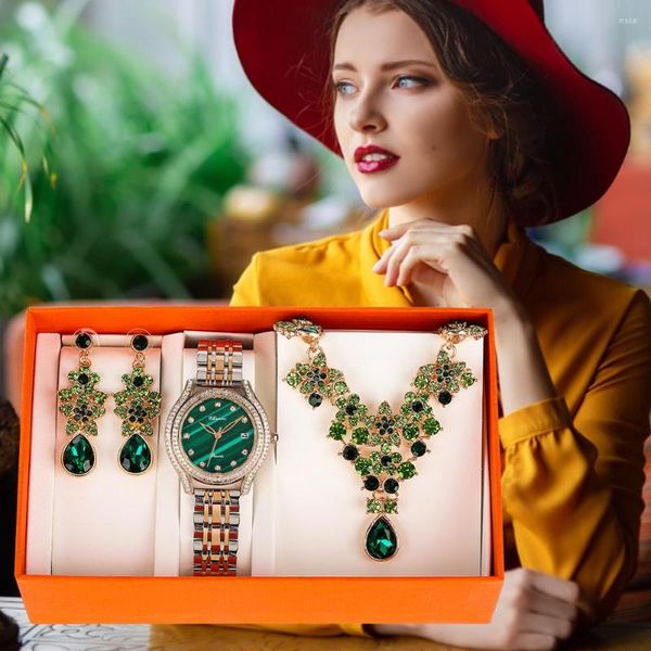 Montres-bracelets montre avec calendrier pour femmes de luxe étanche en acier inoxydable Quartz vert boucles d'oreilles collier ensemble cadeau dames