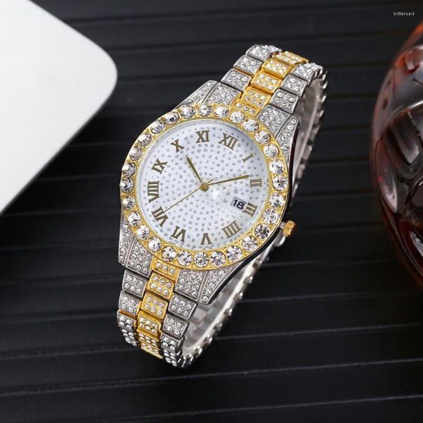 Relojes de pulsera para hombre, reloj de pulsera de cuarzo con diamantes de imitación dorados para mujer, moda de lujo, Hiphop, regalos para hombre