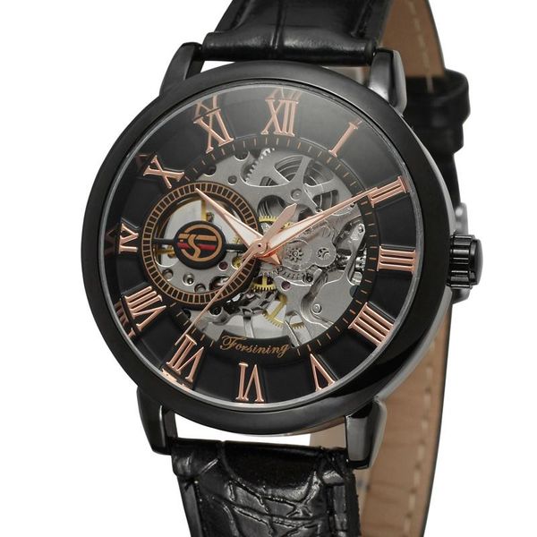 Relojes de pulsera Relojes de pulsera con escala de números romanos huecos Reloj mecánico Circular con correa negra Relojes de pulsera para hombres y mujeres