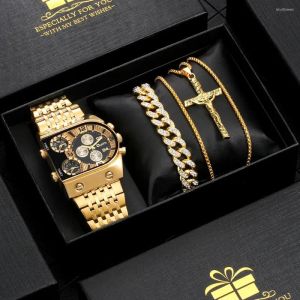 Relojes de pulsera Relojes para hombre Lujo Diamante dorado Cruz Collar Pulsera Conjunto de regalo para hombres Reloj de pulsera de cuarzo de negocios Novio