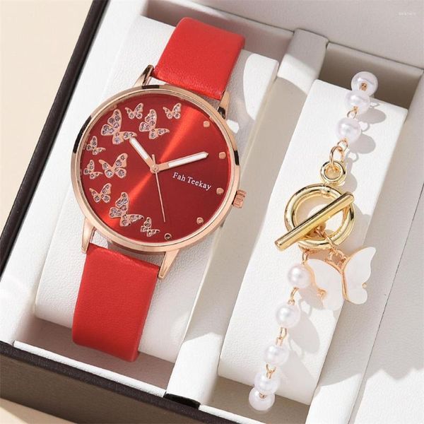 Relojes de pulsera Reloj de mariposa blanca para mujer, pulsera de moda informal con correa de cuero, relojes para mujer, conjunto de cuarzo sencillo para mujer, regalo