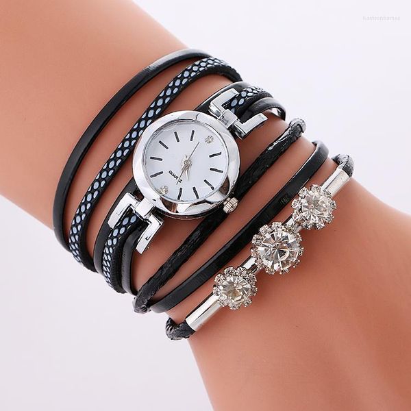 Relojes de pulsera para mujer, venta al por mayor, relojes grandes con diamantes de imitación, pulsera de cuero de abrigo largo, señora de cuarzo