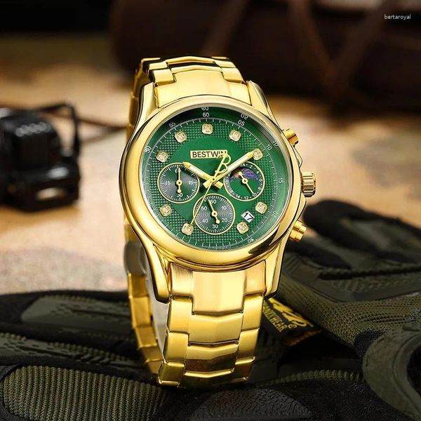 Les montres-bracelets gagnent 804 Code de temps masculin Regardez un groupe étanche en acier inoxydable Glow Moon Phase Date Fashion Business Quartz pour les hommes