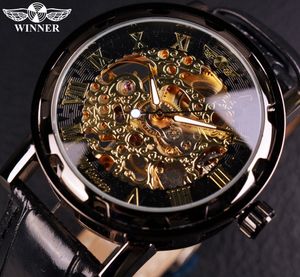 Horloges Winnaar Zwart Goud Mannelijke Klok Mannen Relogios Skeleton Heren Horloges Topmerk Luxe Montre Lederen Horloge Heren Mechanisch horloge 230804