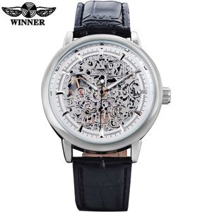 Winnaar van polshorloges van het luxe modemerk Mechanische sporthorloges heren lederen band met de hand geschrapt skelet skelet silver horloge case Reloj hombre