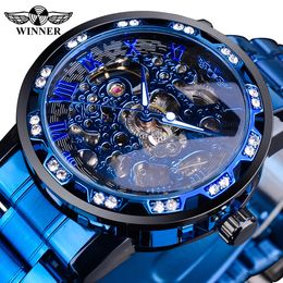 Relojes de pulsera Ganador Diamante transparente Reloj mecánico Reloj esqueleto de acero inoxidable azul Primeras marcas de lujo Negocio Luminoso Reloj masculino 230113